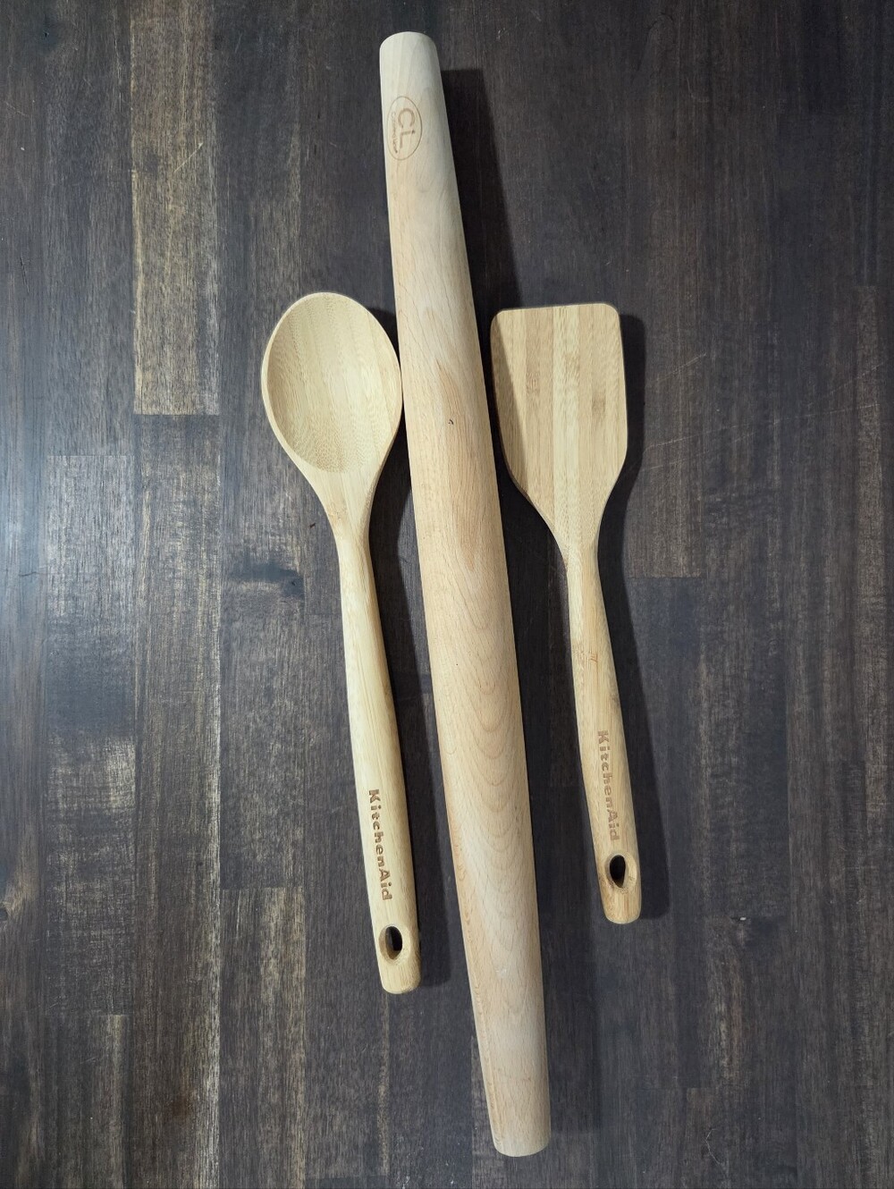 KitchenAid Natural Wood Spoon, Spatula and Catering Line Rolling Pin Set